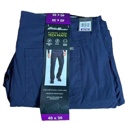 Eddie Bauer Men’s 40x30 Dark Blue Fleece Lined Tech Pants Stretch Outdoor Hiking - Image 1 of 4