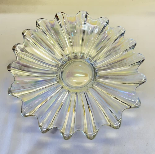 Vintage Federal Iridescent Celestial Clear Carnival Glass Scalloped Edge Dish