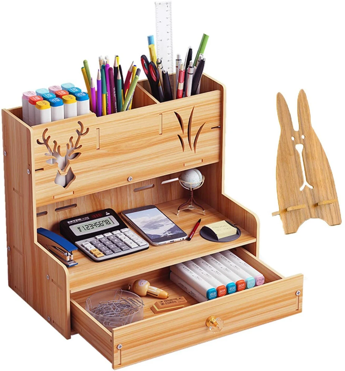 Wooden Desk Organizer, Multi-Functional DIY Pen Holder Box