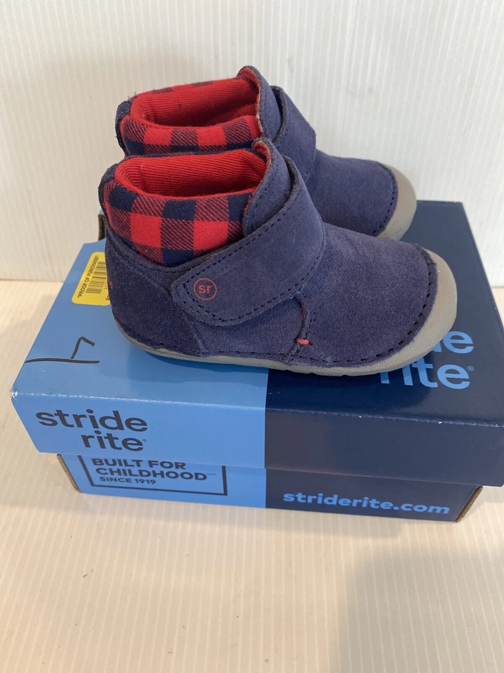 NIB STRIDE RITE  SM OAKLEY Soft Motion Navy Boots SHOES 4.5M Red Buffalo Plaid - Image 3 of 4