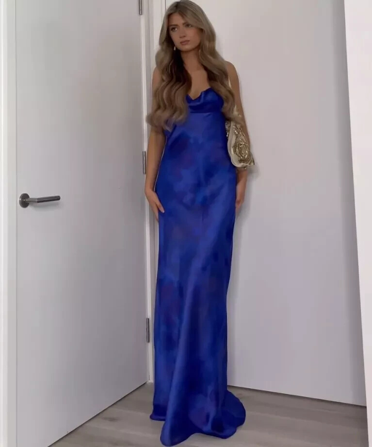 NWT ZARA Satin Effect Printed Long Dress w/ Open Back Blues 8476