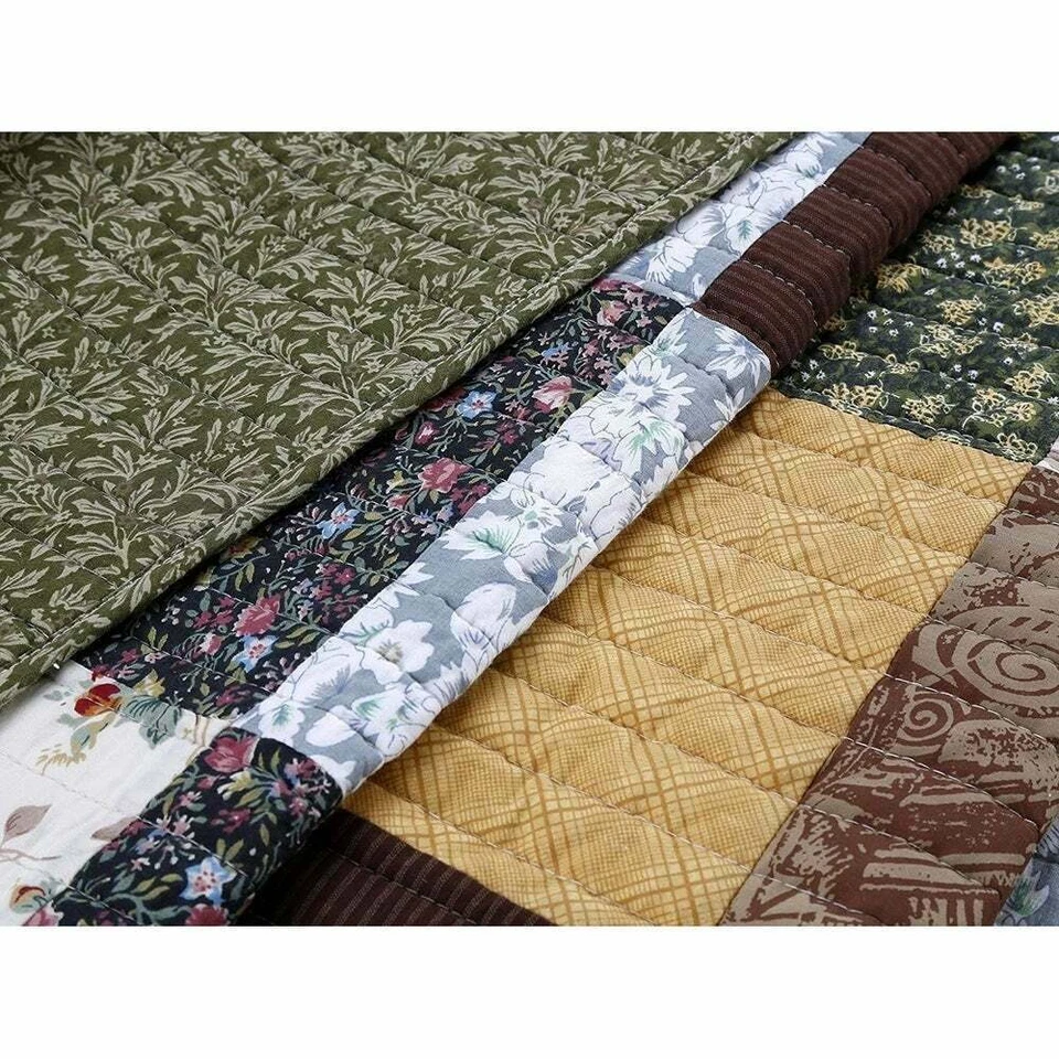 ACOGEDOR JUEGO DE EDREDÓN CABAÑA RETAZOS MARRÓN VERDE BLANCO HOJA CAMPO CABAÑA DE TRONCOS - KING Foto 4 de 4