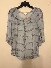 LC Lauren Conrad Sheer Peasant Top Women’s Large Pale Blue Floral 