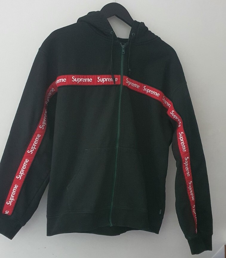 FW19 Supreme Text Stripe Zip Up hooded sweatshirt L Large