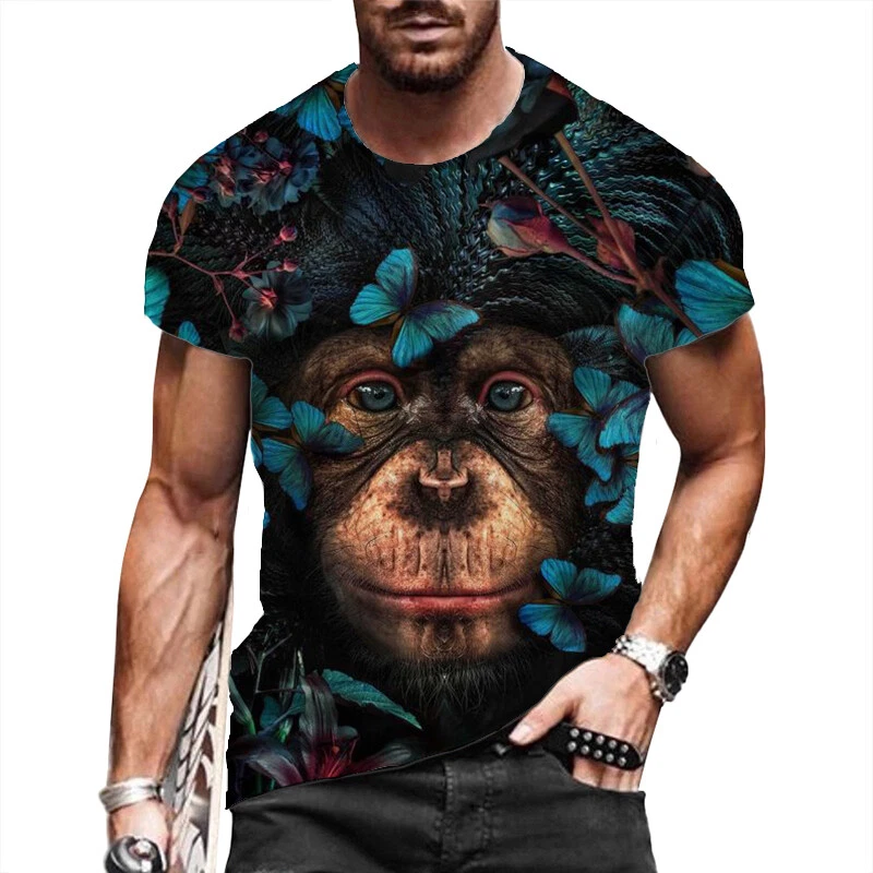 T Shirts Men Short Sleeve Chimpanzee Graphic Fashion T-Shirt Butterflies Tee Top