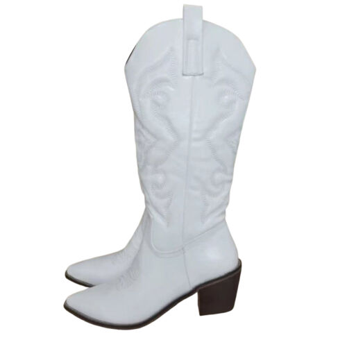 Women's Zipper Leather Block Low Heel Western Cowboy Boots Pointed Toe Shoes - Picture 14 of 18