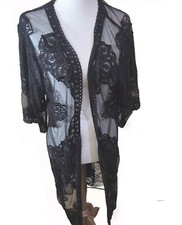 Knit Crochet Duster Womens Large Black Fairy Kimono Boho Gypsy Whimsigoth Sheer