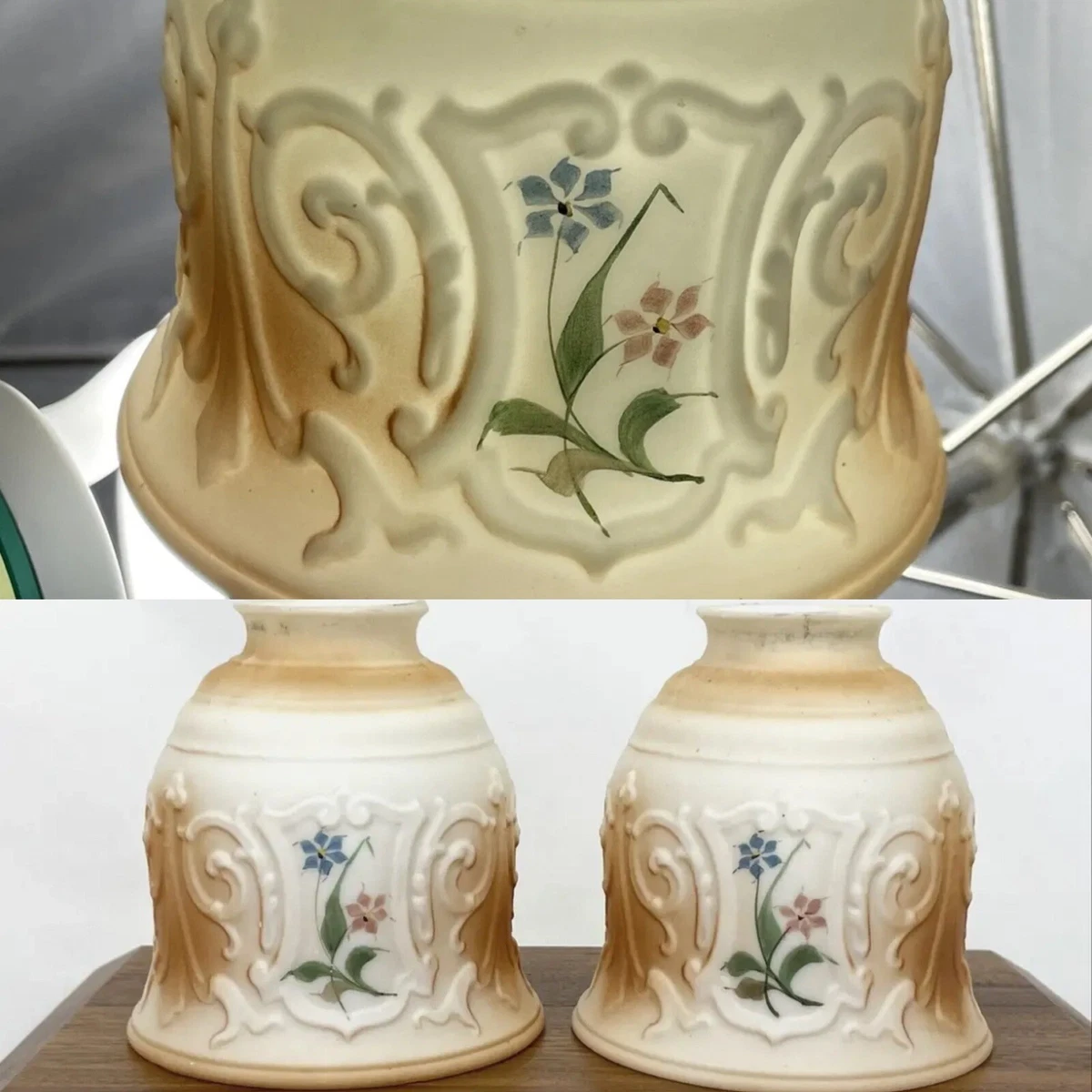 Antique Vtg Pair Hand Painted Glass Lamp Shades Victorian Art Crafts Deco 2 1 4