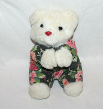 Plush White Teddy Bear Floral Flowers Roses Black Red Pink 7" Sitting Praying