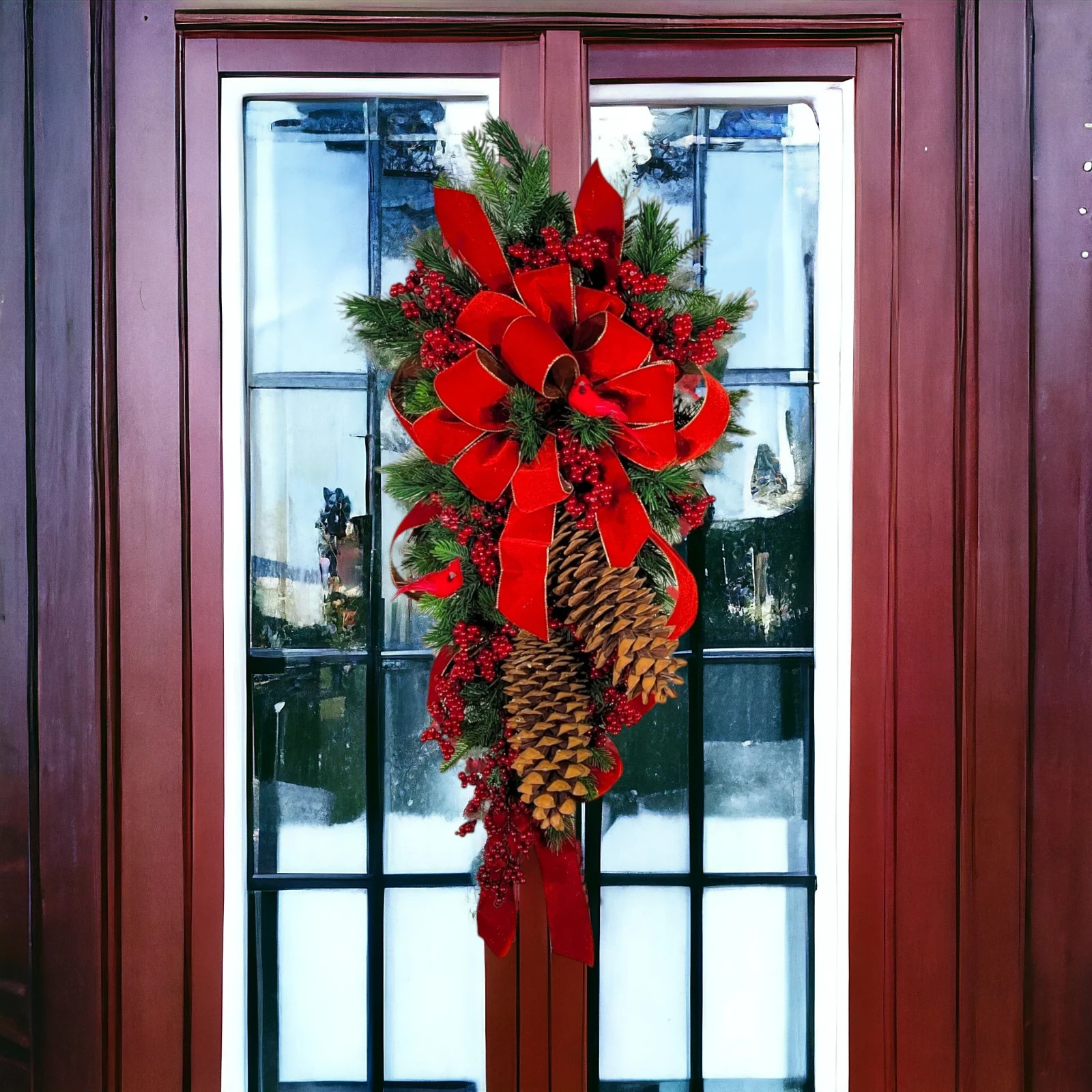 Christmas Wreath Swag with Pinecones, Berries, and Cardinal Birds