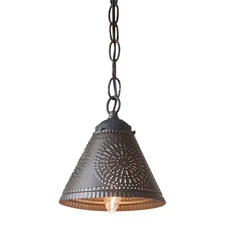 Hanging Pendant Punched Tin Crestwood Shade Light in Kettle Black USA Handmade