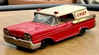 Vintage 1956 Bandai Japan Tin Friction Toy Vehicle Ambulance Fire Chief Red Car