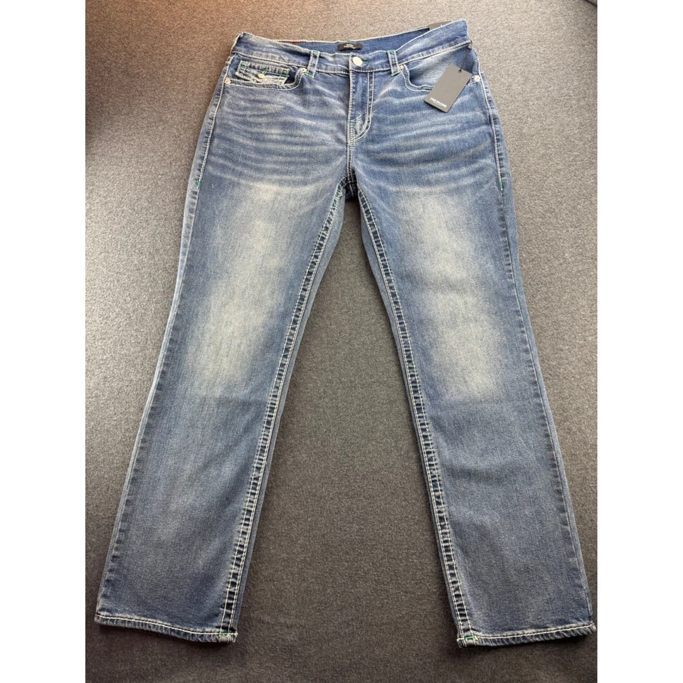 Pantalones de mezclilla rectos True Religion Ricky Big T con solapa para hombre talla 36x32 lavado medio Foto 2 de 4