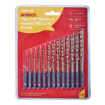 Amtech F1120 13 Stück 6,25 mm (1/4'') Titanbeschichteter Schnellarbeitsstahl (HSS) Bohrer