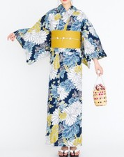 Japanese Yukata Set Women Cotton Kimono Summer Festival Floral Blue Obi Belt