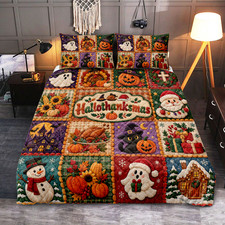 Halloween Christmas Patchwork Quilted Bedspread 3 Piece Set Pumpkin Santa Beddin
