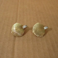 Vtg Estate 14k Yellow Gold Seashell Sea Shell & Diamonds Stud Earrings 17.4g