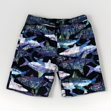  LANDS' END Boy's Blue Shark Print Board Swim Trunks Shorts 10/12 Husky