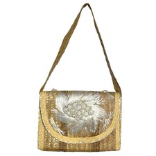 VINTAGE 60s 70s STRAW  RAFFIA PURSE TWO TONE WOVEN SUMMER BEACH RETRO TROPICAL