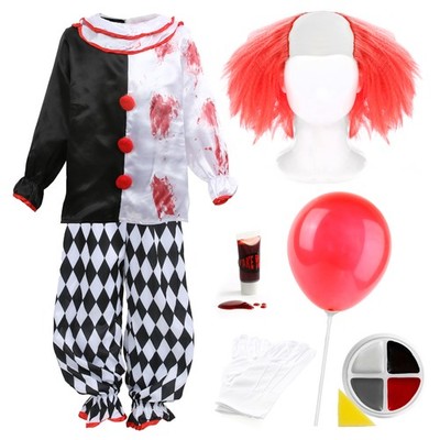 KINDER BÖSER KILLER CLOWN KOSTÜM GRUSELIG HALLOWEEN KOSTÜM GESICHTSFARBE PERÜCKE HANDSCHUHE