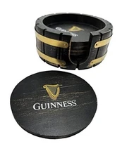 Guinness Beer Coaster Set with Holder - 6 Pack, Beer Barrel Wood, Perfect for 