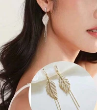 Long Gold Leaf Clip On Earrings Drop Dangle Clear Shiny Rhinestones