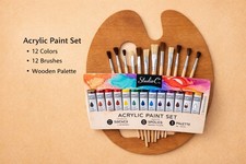 Artist Acrylic Painting Kit 24 Pc Set 12 Paint Tubes 12 Brushes  Palette NEW