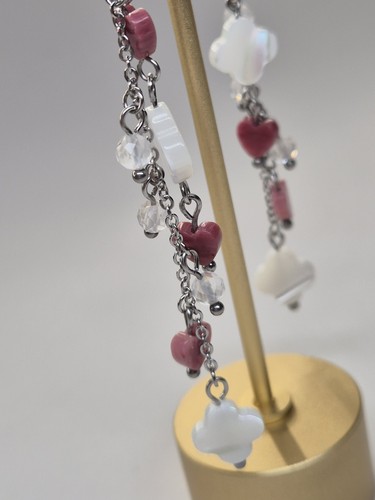 Natural Faceted Clear Quartz& heart shape Rhodonite Stainless Steel Earrings - Picture 4 of 16