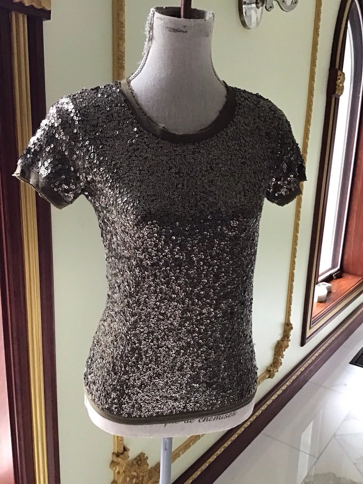 J. Top Crew Marrón Lentejuelas Adornado Algodón Seda Borde Fiesta Brillante Talla XS Foto 2 de 4