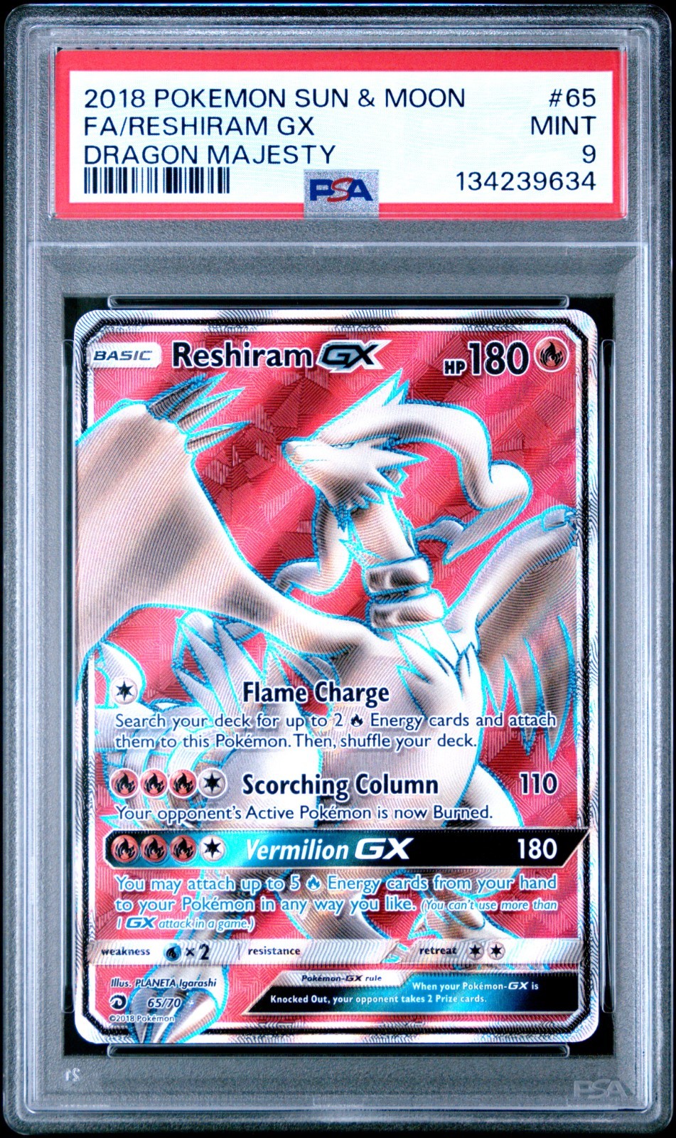 2018 Pokemon Sun & Moon FA Reshiram GX 65/70 Dragon Majesty PSA 9 (634