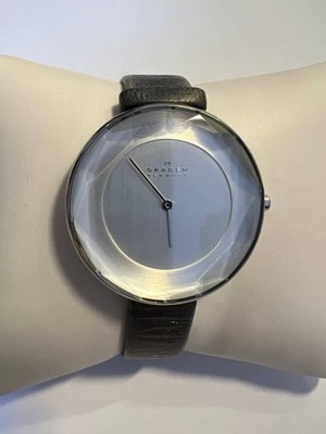 Skagen Watch Denmark Minimalist Silver Dial Black Leather Strap Ultra Slim