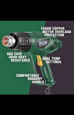 TECCPO TAHG01P Heat Gun 1500W Dual Temp 752-1022°F Corded Green w/ 4 Nozzles