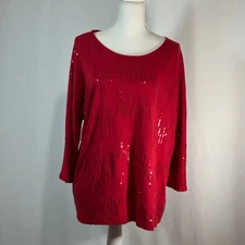 NOTATIONS Women's Red Sequin Embellished 3/4 Sleeve Top XL