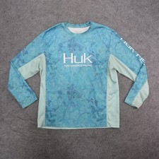 HUK Shirt Men's Large Blue Long Sleeve Rash Guard UPF 50 Fishing Shirt
