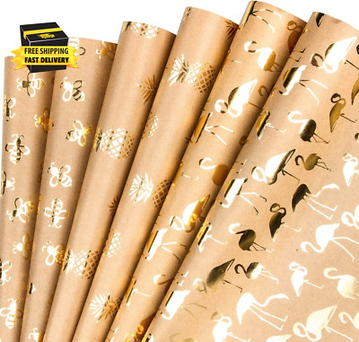 Kraft Wrapping Paper Sheet - Foil Gold Pineapple/Flamingo/Bee Design Great for C
