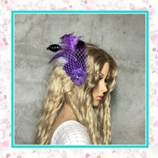 PURPLE FEATHER FASCINATOR FLOWER PIN UP BURLESQUE HAIR DIAMOND DANCER SHOWGIRL