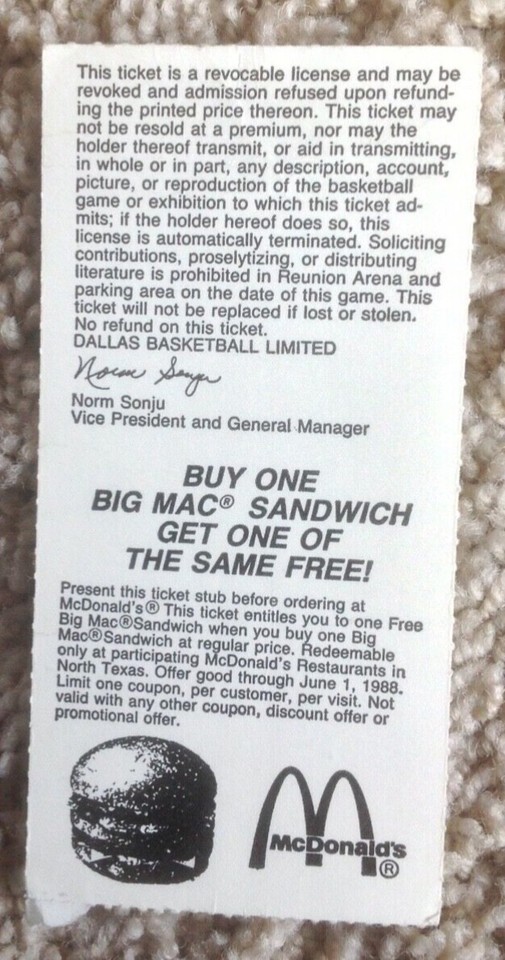 Jan. 23,1988 MILWAUKEE BUCKS vs. DALLAS MAVERICKS GAME TICKET STUB TIX