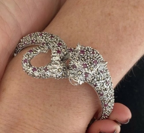Designer Sterling Silver Leopard Panther Marcasite & Real Ruby Bracelet Bangle S - Picture 6 of 13
