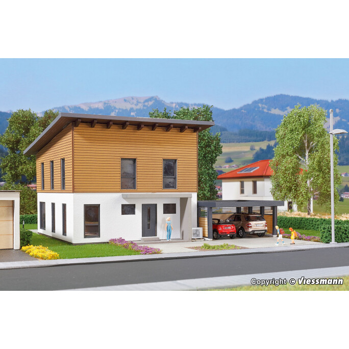 Maquette KIBRI 38337 de maison cubique Saskia HO 1/87 avec abri voiture pour diorama