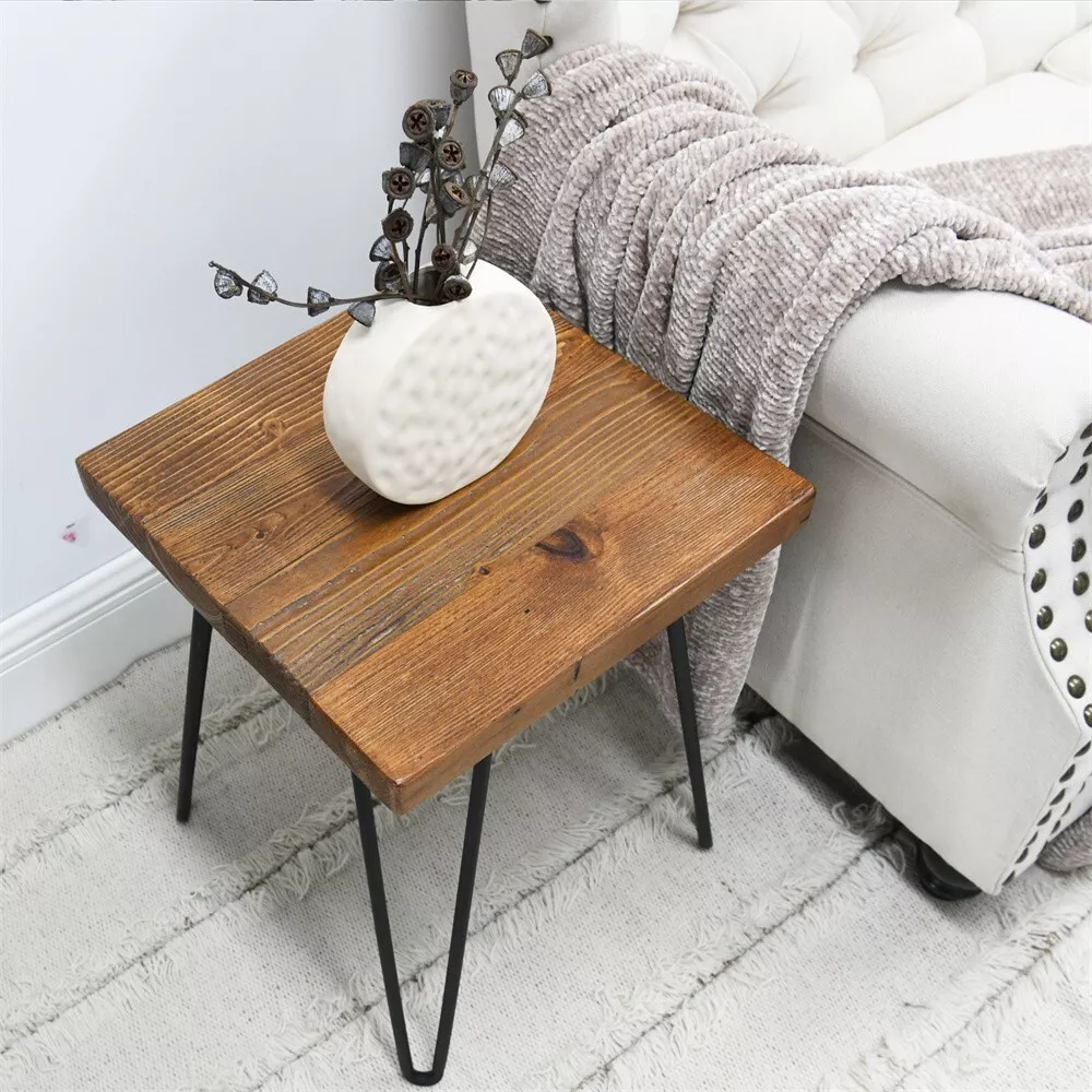GREENAGE Minimalist Square Old Pine Wood End Table Rustic Surface