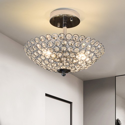 Modern Crystal Ceiling Light Bowl Shape Flush Mount Chandelier 2 Lights Fixtures - Picture 2 of 12