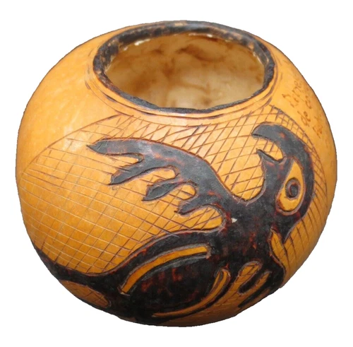 Hand Carved Gourd Engraving Condor CHILE Indigenous Handmade Bowl Vessel