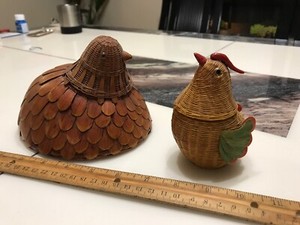 2 Vtg Rare Bamboo Chicken Hen Bird Basket With Cover China 1970s Estate Found