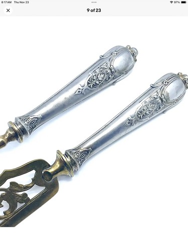 Rare Antq Ornate Motif Fish Dining Serving Set Silver Parcel Gilt Cutlery HTF - Picture 9 of 23
