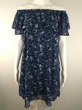 Eliza J Off the Shoulder Ruffle Trapeze Dress 6 Womens Floral Navy Blue Lined