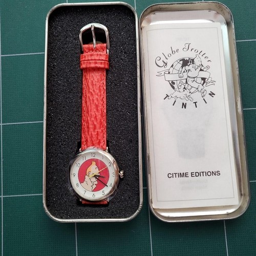 Tintin Wristwatch with Case Vintage Leather Belt Red Japan Free Shipping