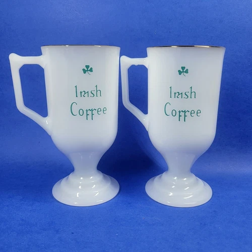 2 Irish Coffee Cups Vintage Milk Glass Pedestal Mug Pair MCM