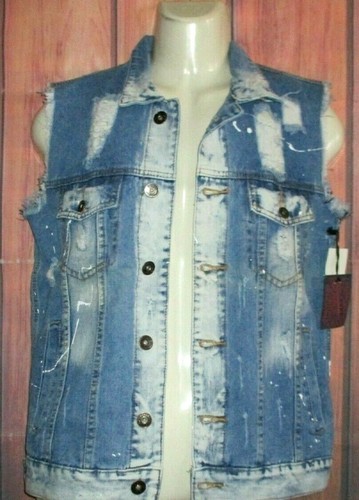 MENS BROOKLYN CLOTH DISTRESSED DENIM JEAN TRUCKER VEST SIZE M - Picture 2 of 3