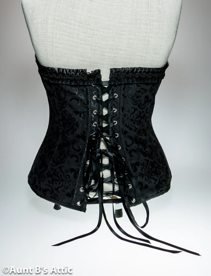 Corset Black Brocade Over Bust Boned Zipper Front Laced Back Victorian Corset PZ - Image 2 of 2