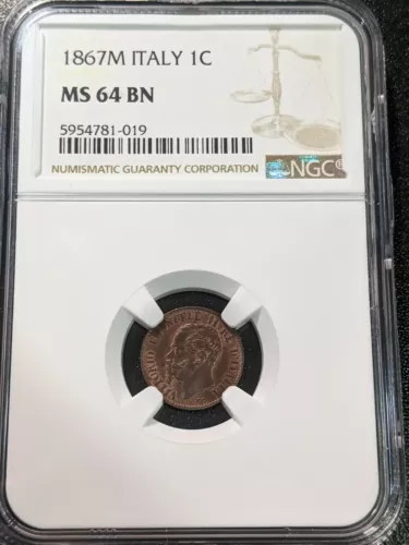 1867 M MS64 BN Italy Centesimo Vittorio Emanuelle II Milan NGC KM 1.1 UNC